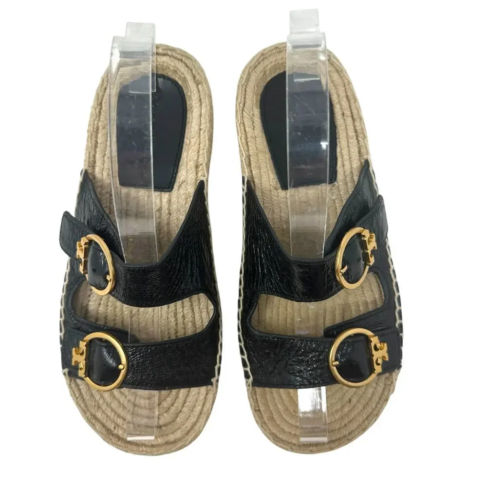 Tory Burch Selby‎ Patent Leather Espadrille Slide Sandals Black Size US 6.5